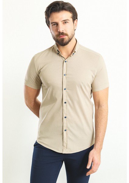 Desenli Bej Rengi Slim Fit Kısa Kollu Erkek Gömlek fırsatları