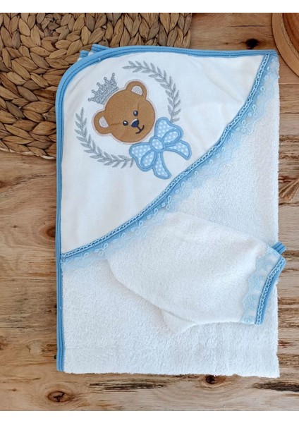 Yeni Estevia Bby Bear Nakışlı Pareolu 4lü Erkek Bebek Havlu Silgi Takımı Mavi Company