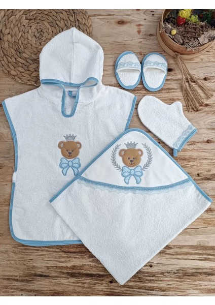 Yeni Estevia Bby Bear Nakışlı Pareolu 4lü Erkek Bebek Havlu Silgi Takımı Mavi Company