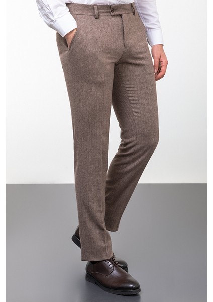 Desenli Bej Rengi Super Slim Fit Yün Erkek Pantolon