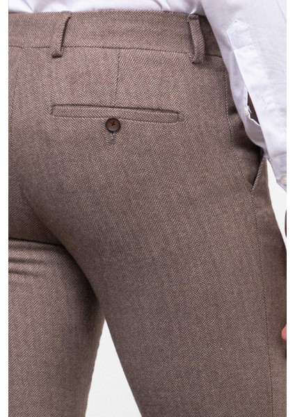 Desenli Bej Rengi Super Slim Fit Yün Erkek Pantolon modelleri