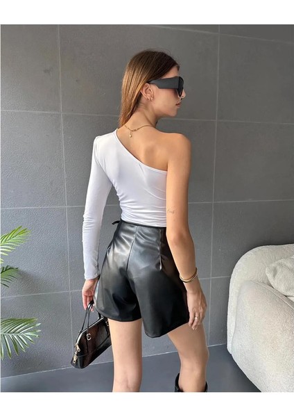 Kadın Tek Omuz Vatkalı Büzgü Detaylı Bluz