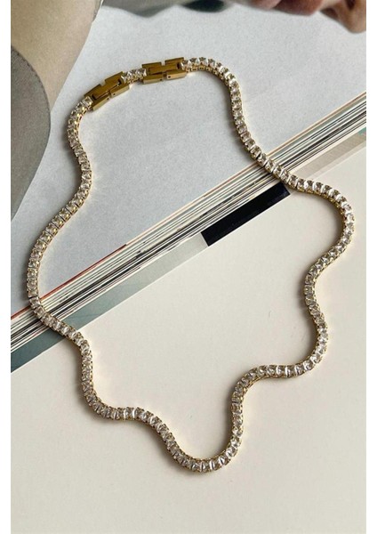 Çelik Gold Kare Taşlı Su Yolu Kolye (43 Cm)