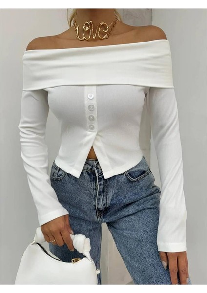 Kadın Kayık Yaka Düğme Detaylı Uzun Kollu Crop Bluz modelleri