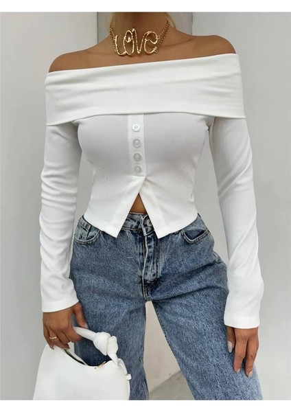 Kadın Kayık Yaka Düğme Detaylı Uzun Kollu Crop Bluz fırsatları
