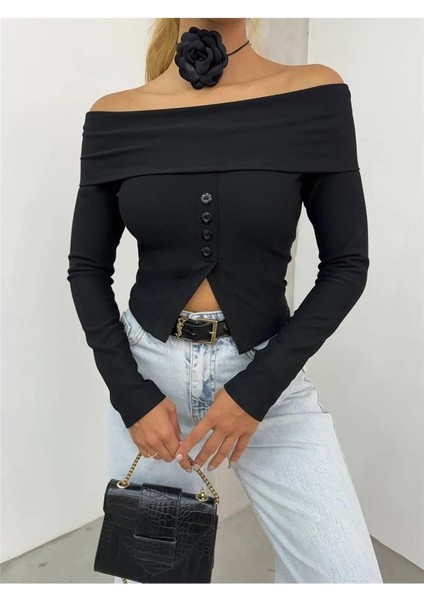 Kadın Kayık Yaka Düğme Detaylı Uzun Kollu Crop Bluz