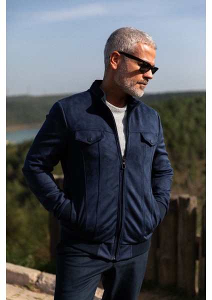 Düz Lacivert Slim Fit Hakim Yaka Süet Erkek Mont