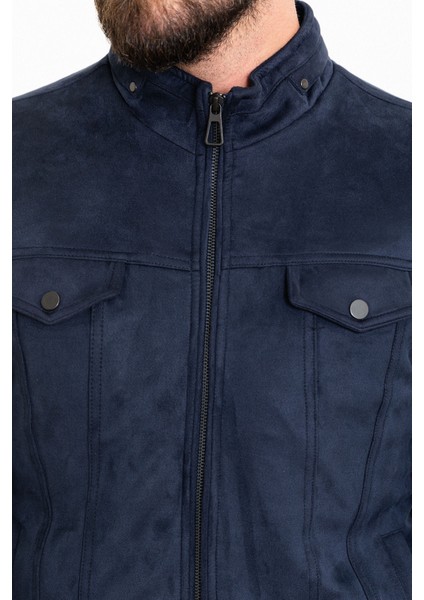 Düz Lacivert Slim Fit Hakim Yaka Süet Erkek Mont modelleri