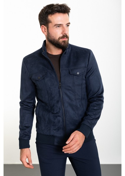 Düz Lacivert Slim Fit Hakim Yaka Süet Erkek Mont fırsatları