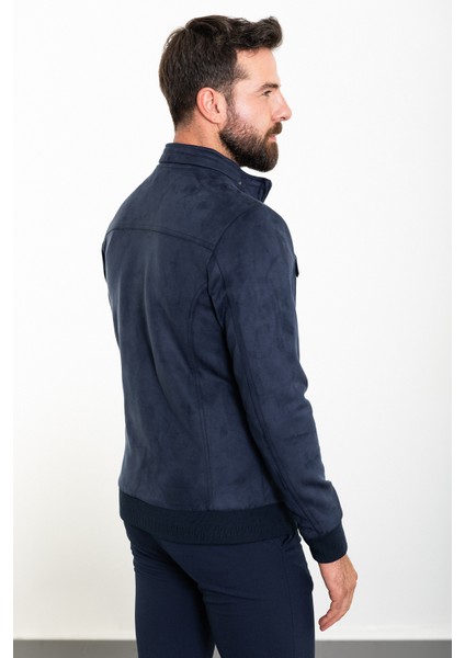 Düz Lacivert Slim Fit Hakim Yaka Süet Erkek Mont indirimleri