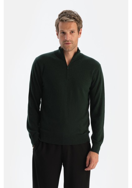 Koyu Yeşil Erkek Kaşmir Karışımlı Fermuar Yaka Triko