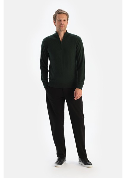 Koyu Yeşil Erkek Kaşmir Karışımlı Fermuar Yaka Triko fırsatları