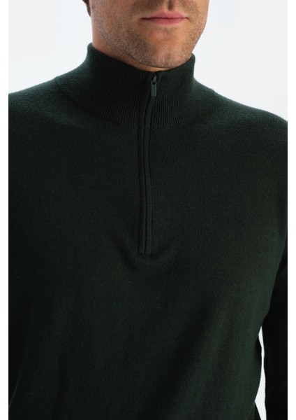 Koyu Yeşil Erkek Kaşmir Karışımlı Fermuar Yaka Triko indirimleri