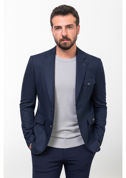 Düz Lacivert Slim Fit Mono Yaka Torba Cep Erkek Ceket
