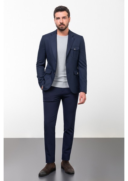 Düz Lacivert Slim Fit Mono Yaka Torba Cep Erkek Ceket modelleri