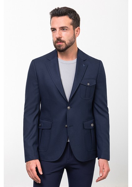 Düz Lacivert Slim Fit Mono Yaka Torba Cep Erkek Ceket fırsatları