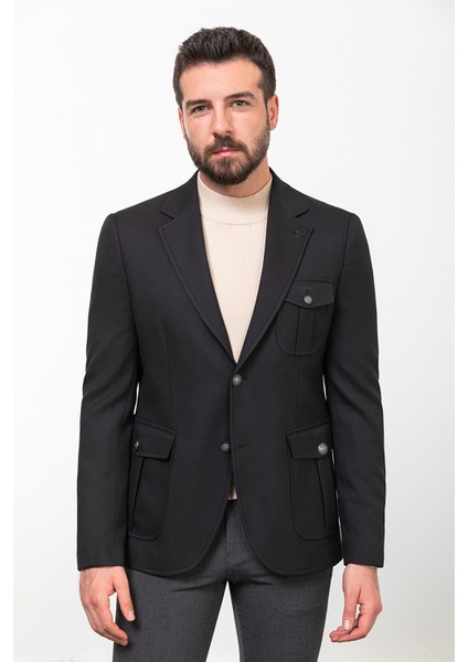 Düz Siyah Slim Fit Mono Yaka Torba Cep Erkek Ceket fırsatları