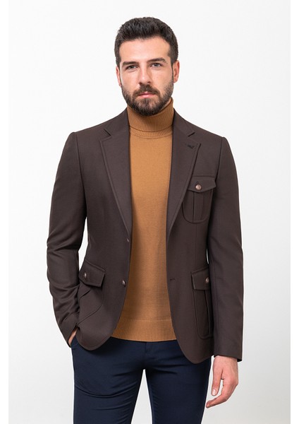 Düz Kahverengi Slim Fit Mono Yaka Torba Cep Erkek Ceket