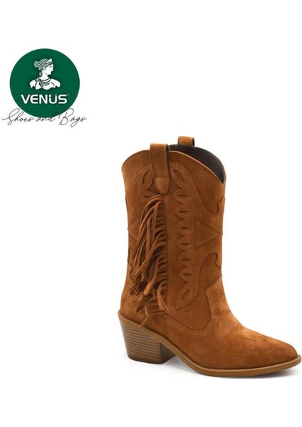 2454101K Topuklu Saçak Detaylı Vestern Deri Kadın Bot fiyatları