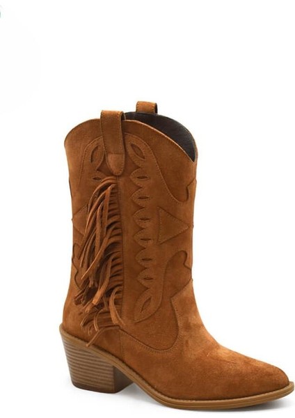 2454101K Topuklu Saçak Detaylı Vestern Deri Kadın Bot modelleri