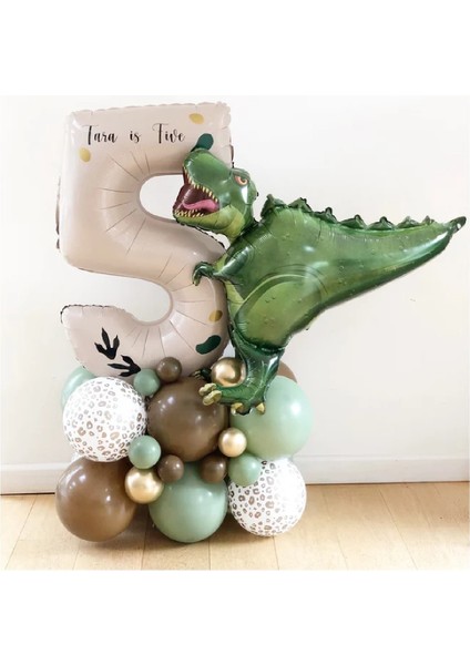 Büyük T-Rex Dinozor Balonlu Krem Yaş Folyo Balonlu Doğum Günü Parti Seti Süsü