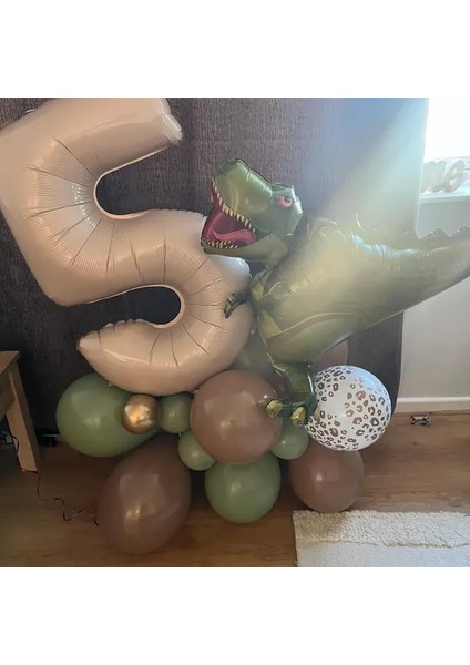 Büyük T-Rex Dinozor Balonlu Krem Yaş Folyo Balonlu Doğum Günü Parti Seti Süsü