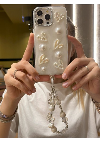 iPhone 16 Pro Uyumlu Lux Işıltılı Inci Charmlı Kalpli Kılıf