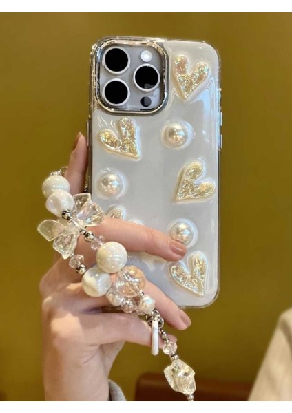 iPhone 16 Pro Uyumlu Lux Işıltılı Inci Charmlı Kalpli Kılıf