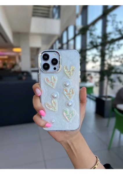 iPhone 16 Pro Uyumlu Lux Işıltılı Inci Charmlı Kalpli Kılıf
