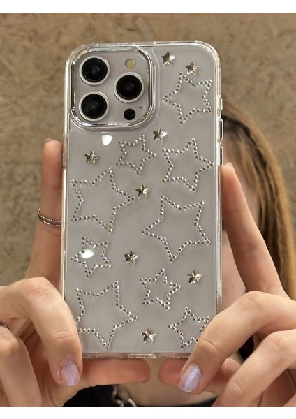 Paladyum Case iPhone 16 Pro Max Uyumlu Gümüş Yıldızlı Şeffaf Kılıf