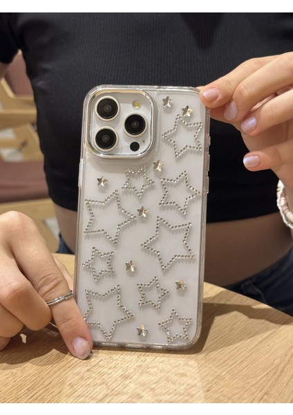 Paladyum Case iPhone 16 Pro Max Uyumlu Gümüş Yıldızlı Şeffaf Kılıf