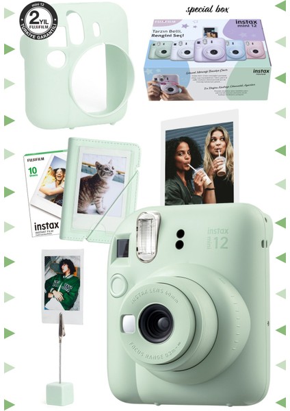 10 - 15 Mp Instax Mini 12 Yeşil Fotoğraf Makinesi-10'lu Film-Kıskaçlı Stand-Mini Albüm ve Silikon K