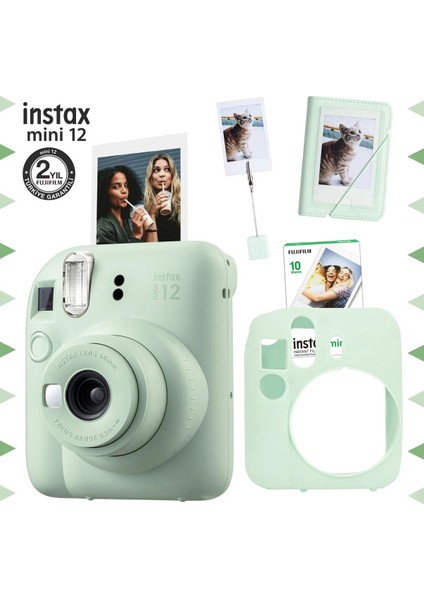 10 - 15 Mp Instax Mini 12 Yeşil Fotoğraf Makinesi-10'lu Film-Kıskaçlı Stand-Mini Albüm ve Silikon K