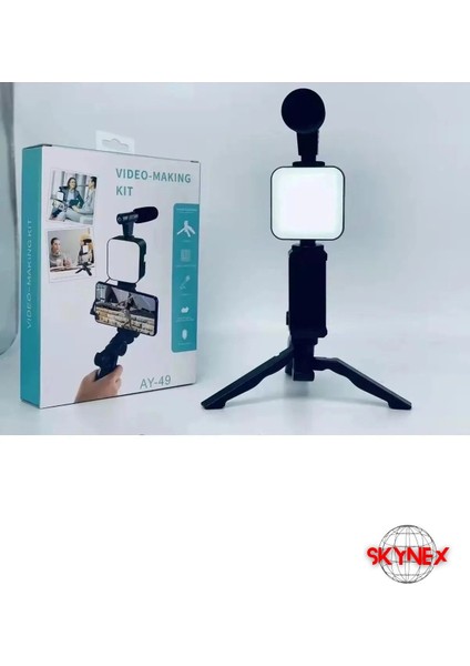 Siyah Video Making Kit Mikrofon LED Işık Mini Tripod Için Telefon Vlog Video Kayıt FN-671 Sabitleyi