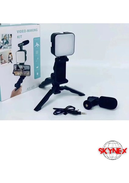 Siyah Video Making Kit Mikrofon LED Işık Mini Tripod Için Telefon Vlog Video Kayıt FN-671 Sabitleyi