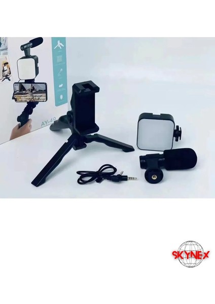 Siyah Video Making Kit Mikrofon LED Işık Mini Tripod Için Telefon Vlog Video Kayıt FN-671 Sabitleyi
