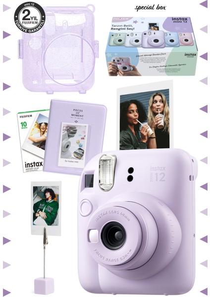 Mor Instax Mini 12 Lila Fotoğraf Makinesi-10'lu Film-Kıskaçlı Stand-Pvc Albüm ve Simli Pleksi Kılıf