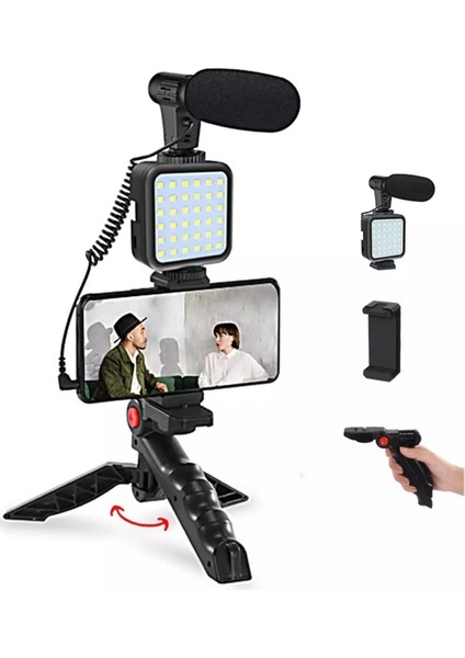 Siyah AY49 Uzaktan Kumandalı Tripodlu Mikrofonlu ve LED Işıklı Vlog Kayıt Aparatı Sabitleyiciler (T