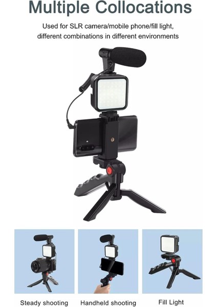 Siyah AY49 Uzaktan Kumandalı Tripodlu Mikrofonlu ve LED Işıklı Vlog Kayıt Aparatı Sabitleyiciler (T