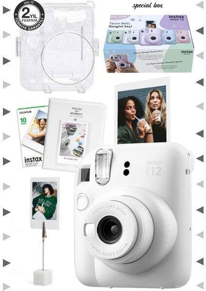 10 - 15 Mp Instax Mini 12 Beyaz Fotoğraf Makinesi-10'lu Film-Kıskaçlı Stand-Pvc Albüm ve Simli Plek