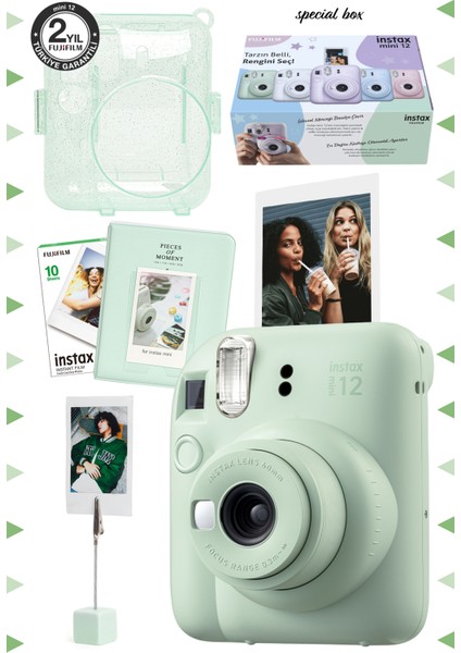 10 - 15 Mp Instax Mini 12 Yeşil Fotoğraf Makinesi-10'lu Film-Kıskaçlı Stand-Pvc Albüm ve Simli Plek