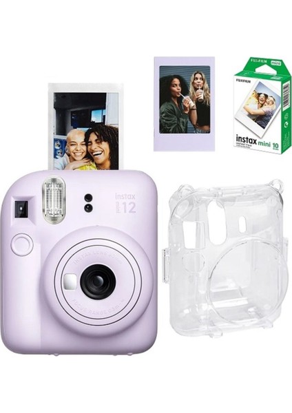 1 - 15 x Instax Mini 12 Fotoğraf Makinesi-10'lu Film-Şeffaf Pleksi Kılıf ve Fotoğraf Çerçevesi Seti