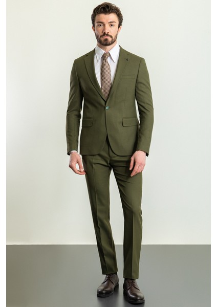 Düz Haki Rengi Slim Fit Mono Yaka Keten Erkek Takım Elbise modelleri