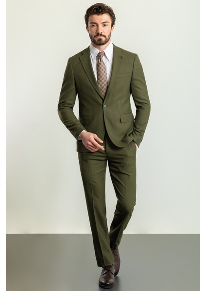 Düz Haki Rengi Slim Fit Mono Yaka Keten Erkek Takım Elbise fırsatları