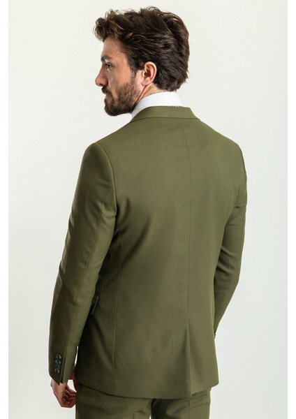 Düz Haki Rengi Slim Fit Mono Yaka Keten Erkek Takım Elbise indirimleri