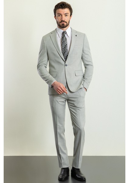 Düz Gri Renk Slim Fit Mono Yaka Keten Erkek Takım Elbise modelleri