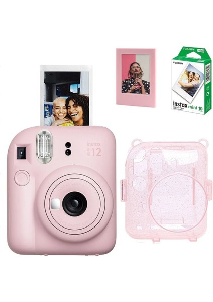 Pembe Instax Mini 12 Fotoğraf MAKINESI-10LU Film-Simli Pleksi Kılıf ve Mıknatıslı Çerçeve Seti 2 Pe