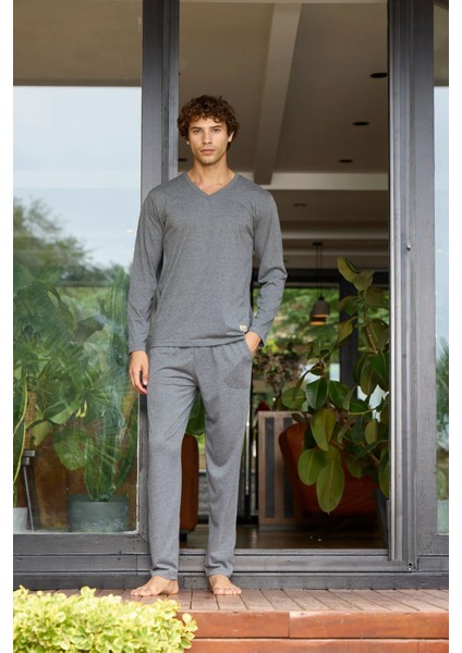 %100 Pamuk Uzun Kol V Yaka Büyük Beden Erkek Pijama Takım 9135