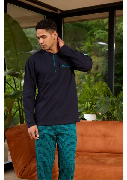 %100 Pamuk Uzun Kol Erkek Pijama Takım 8038