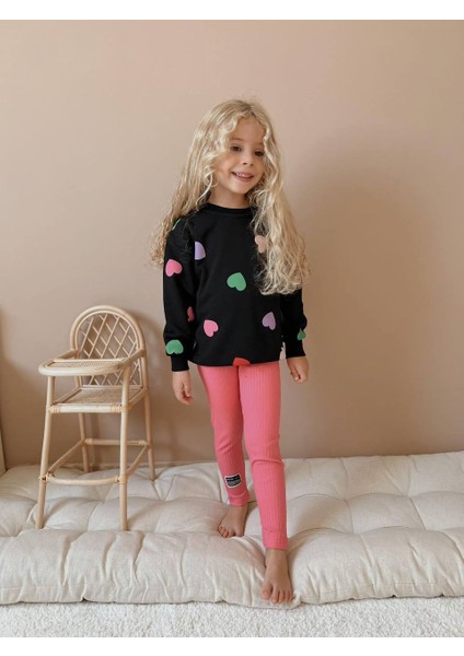 Kız Çocuk Kalp Desenli Fitilli Taytlı Takım modelleri